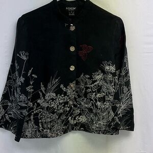 Citron Black Top with Cream  Floral Embroidery w/red butterfly’s.
